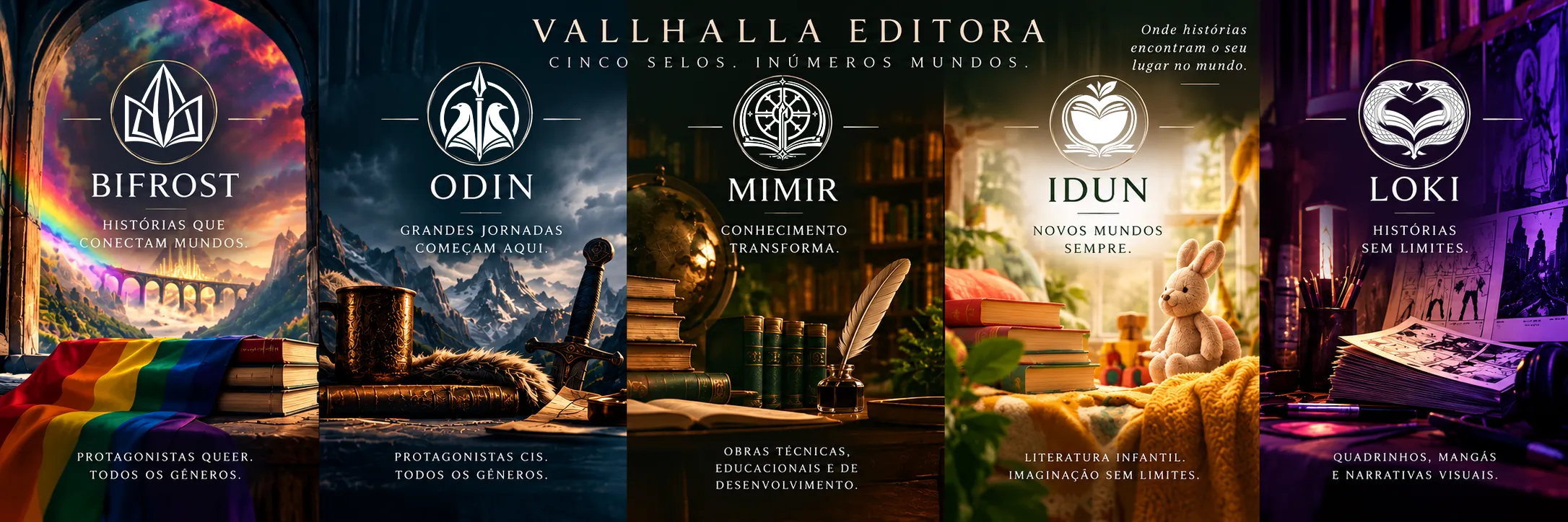 Os cinco selos da Vallhalla Editora: Bifrost, Odin, Mimir, Idun e Loki