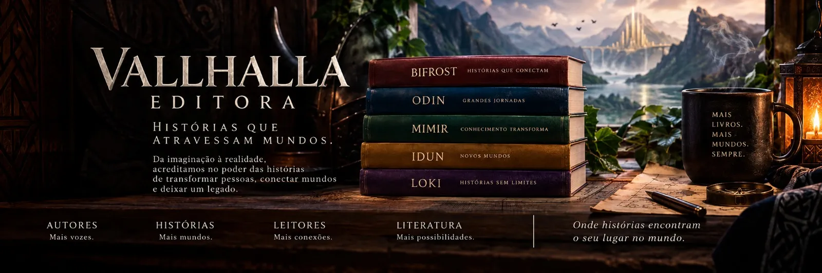 Vallhalla Editora — histórias que atravessam mundos, com uma pilha de livros e uma paisagem ao fundo